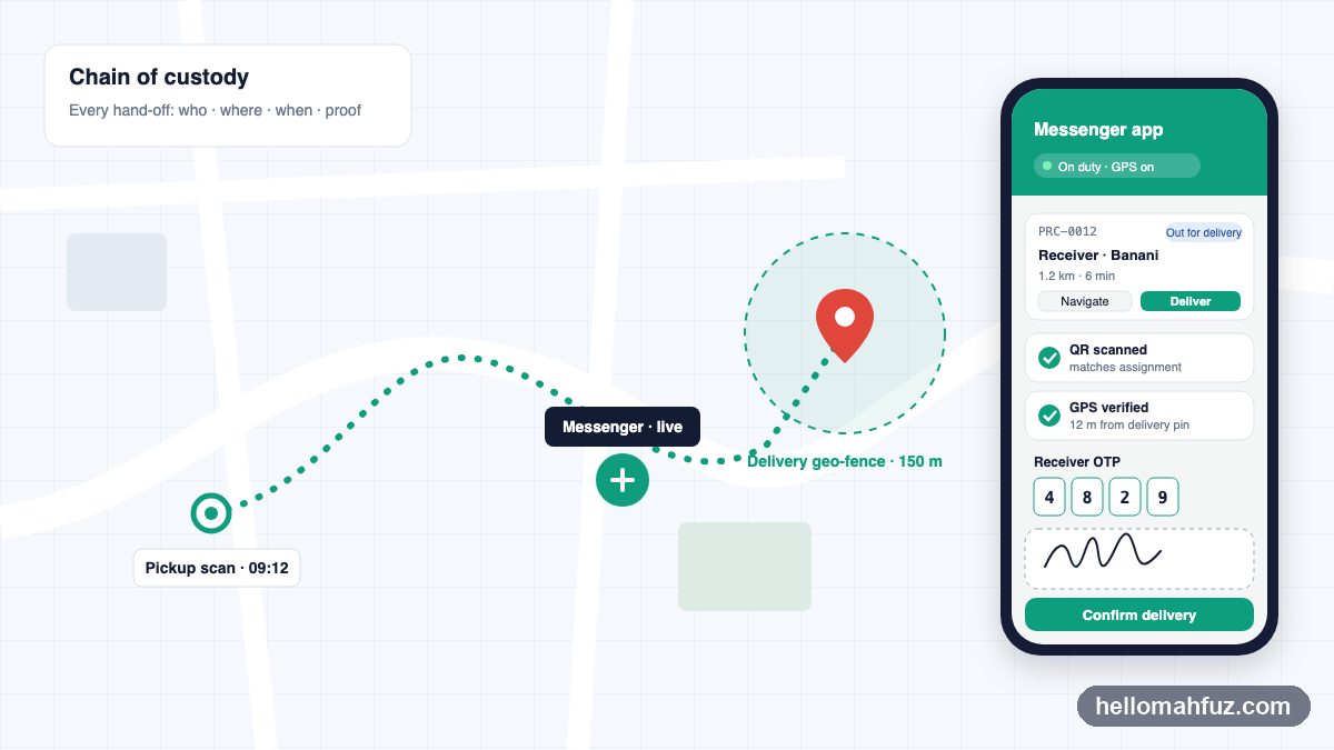 Messenger route from pickup scan to delivery geo-fence, beside the app's delivery proof screen with QR, GPS, OTP and signature