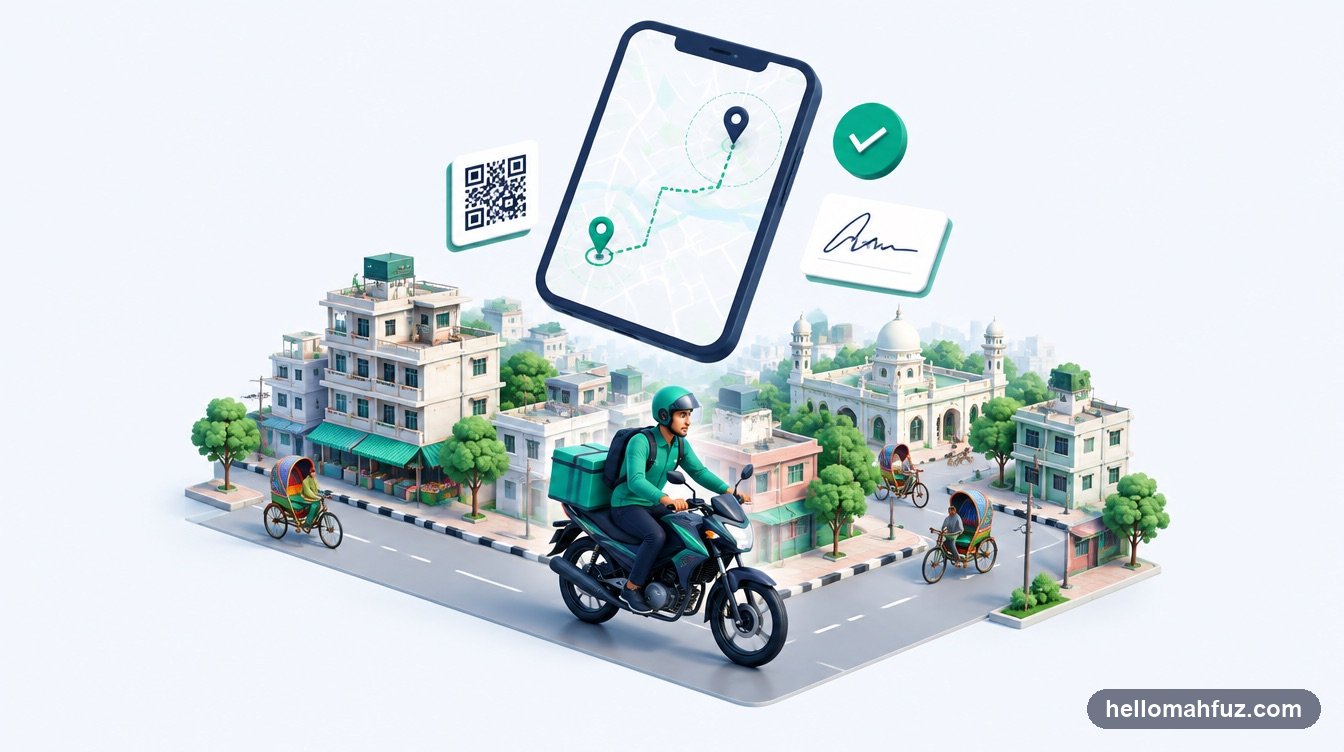 Courier messenger riding a motorcycle through Dhaka while a phone shows the live route to a delivery geo-fence, a parcel QR code, a signature and a verified-delivery badge
