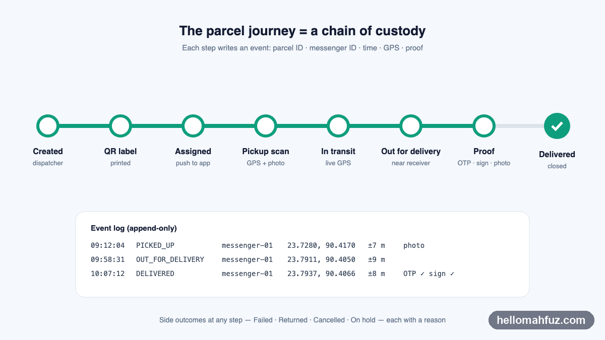 Parcel journey from created to delivered with an append-only event log of time, messenger, GPS and proof