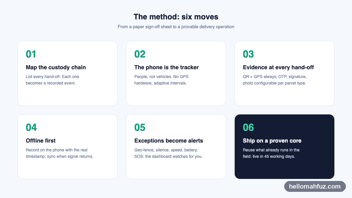 The six-step method: map the custody chain, the phone is the tracker, evidence at every hand-off, offline first, exceptions become alerts, ship on a proven core